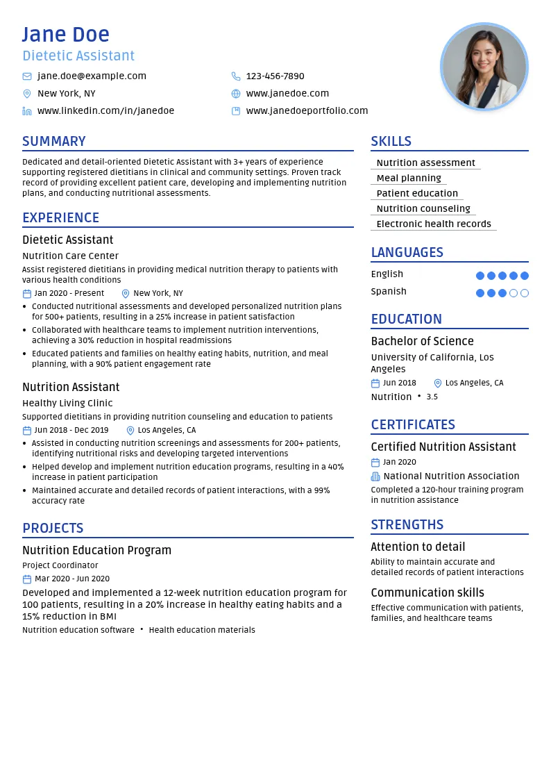 Dietetic assistant resume example