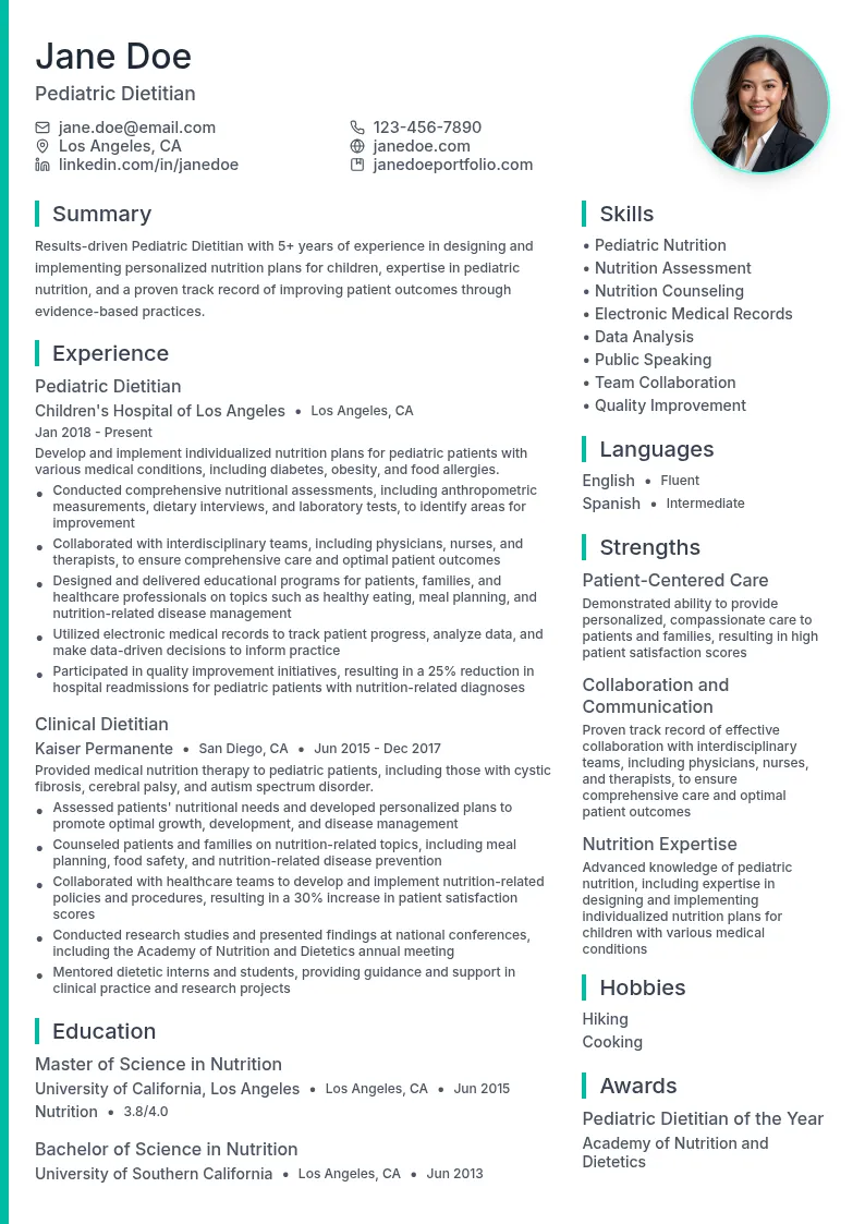 Pediatric dietitian resume example