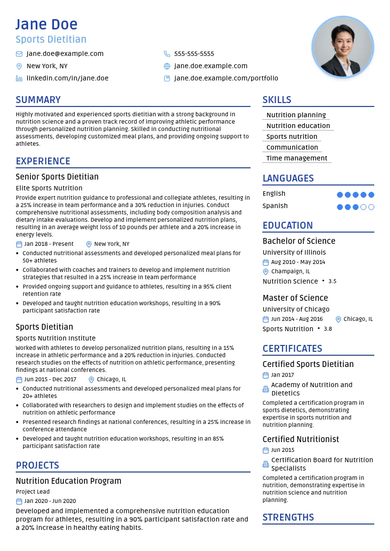 Sports dietitian resume example