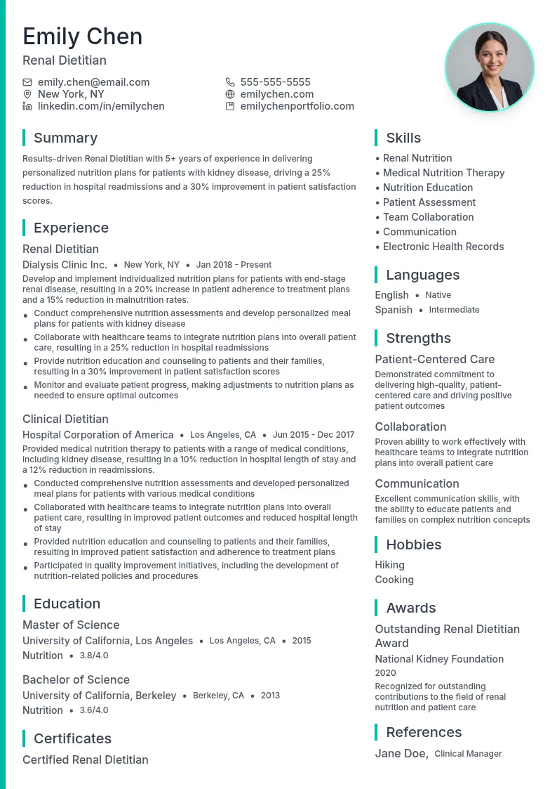 Renal dietitian resume example