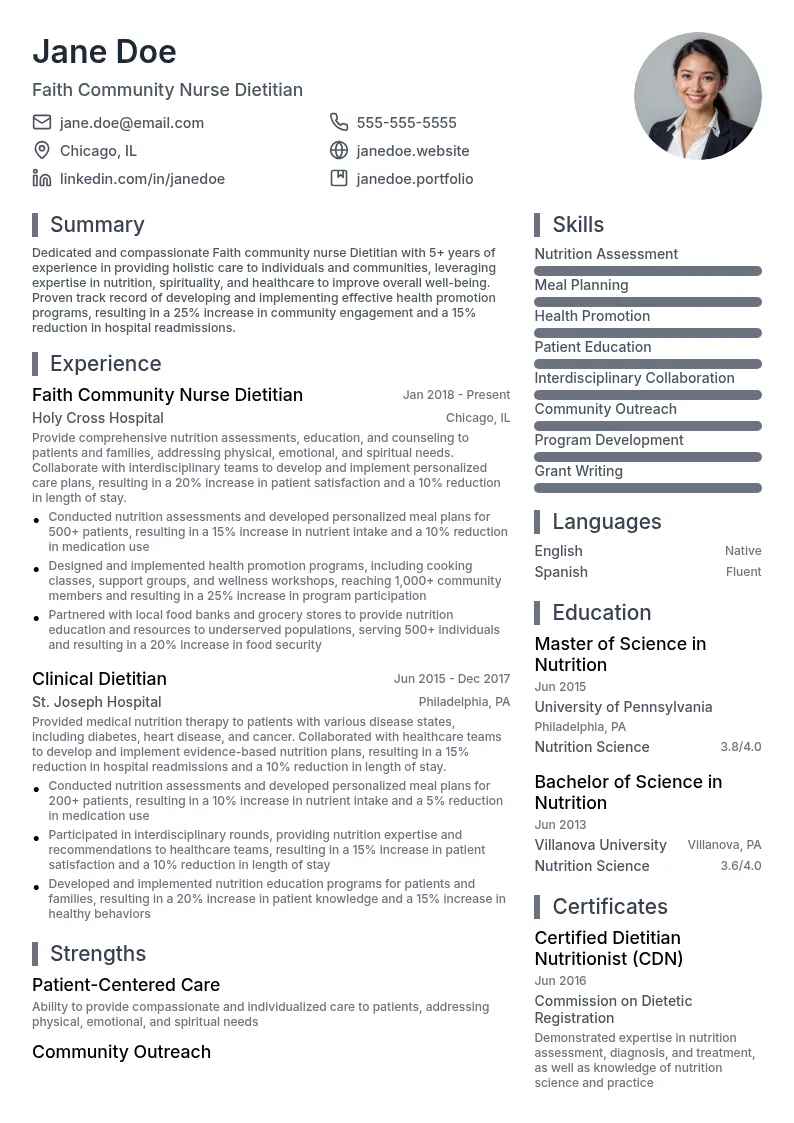 Faith community nurse Dietitian resume example
