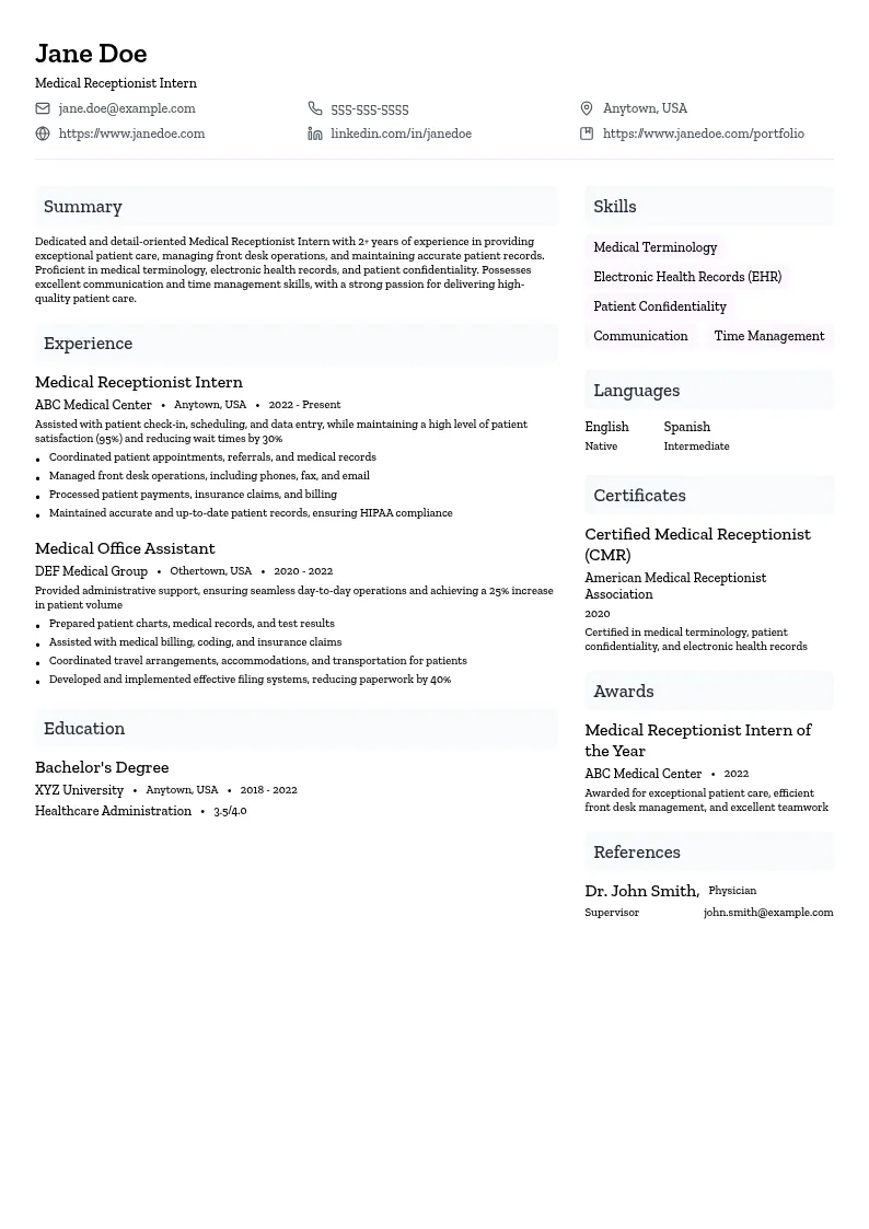 Medical Receptionist Intern resume example