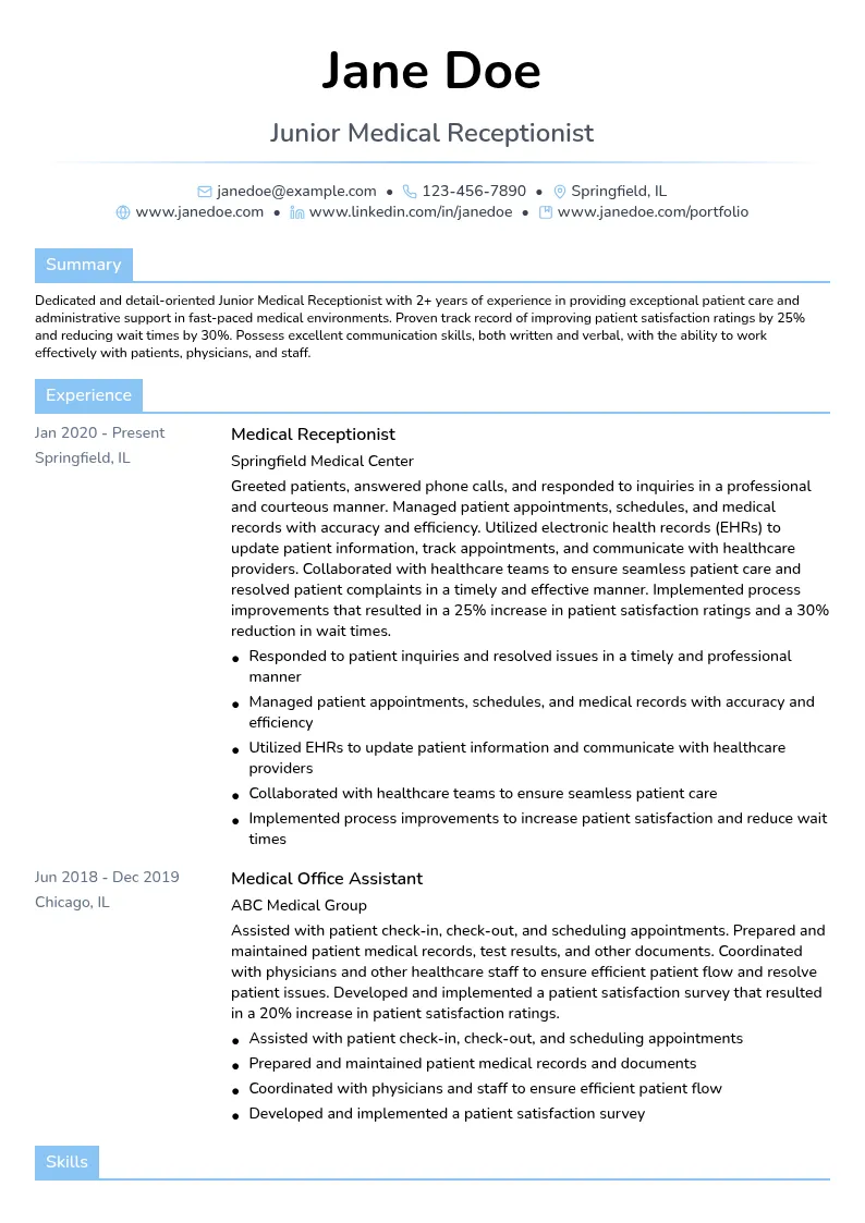 Junior Medical Receptionist resume example