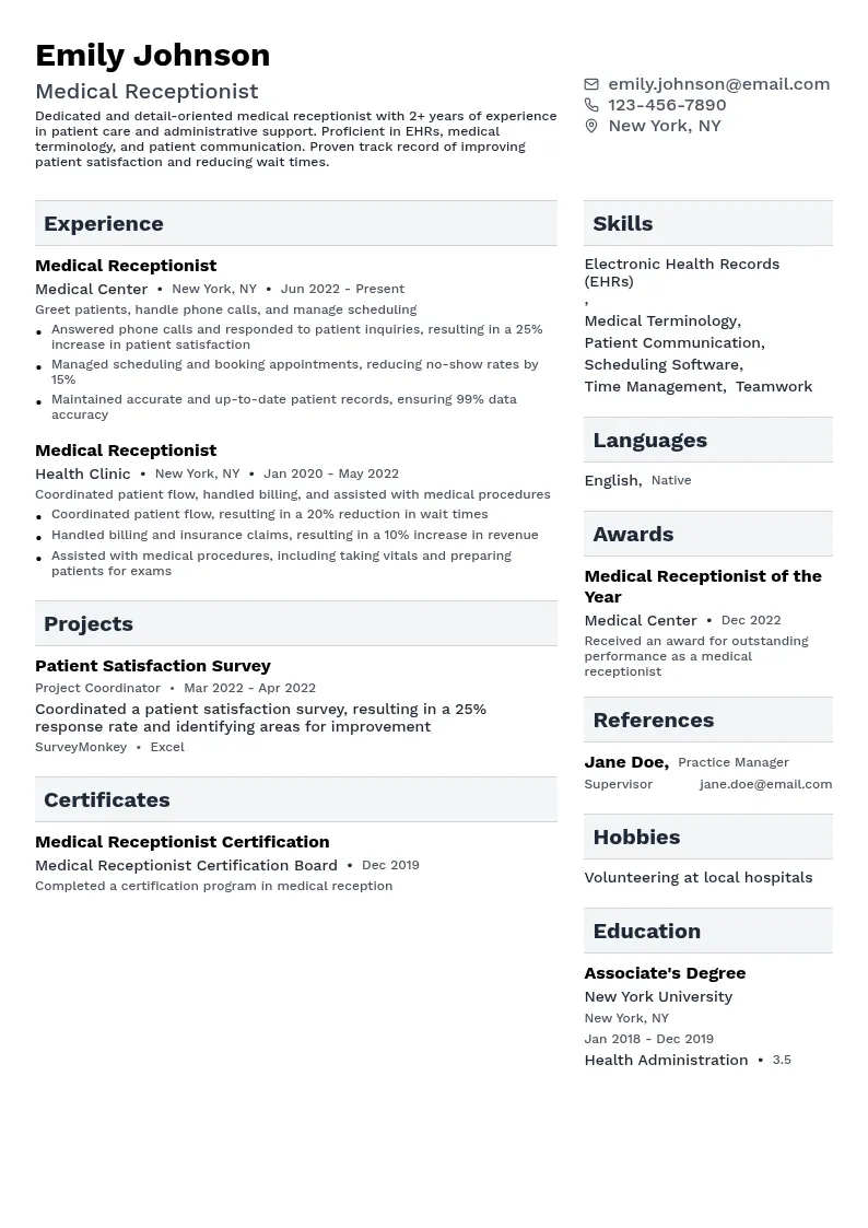 Medical Receptionist (Entry Level) resume example