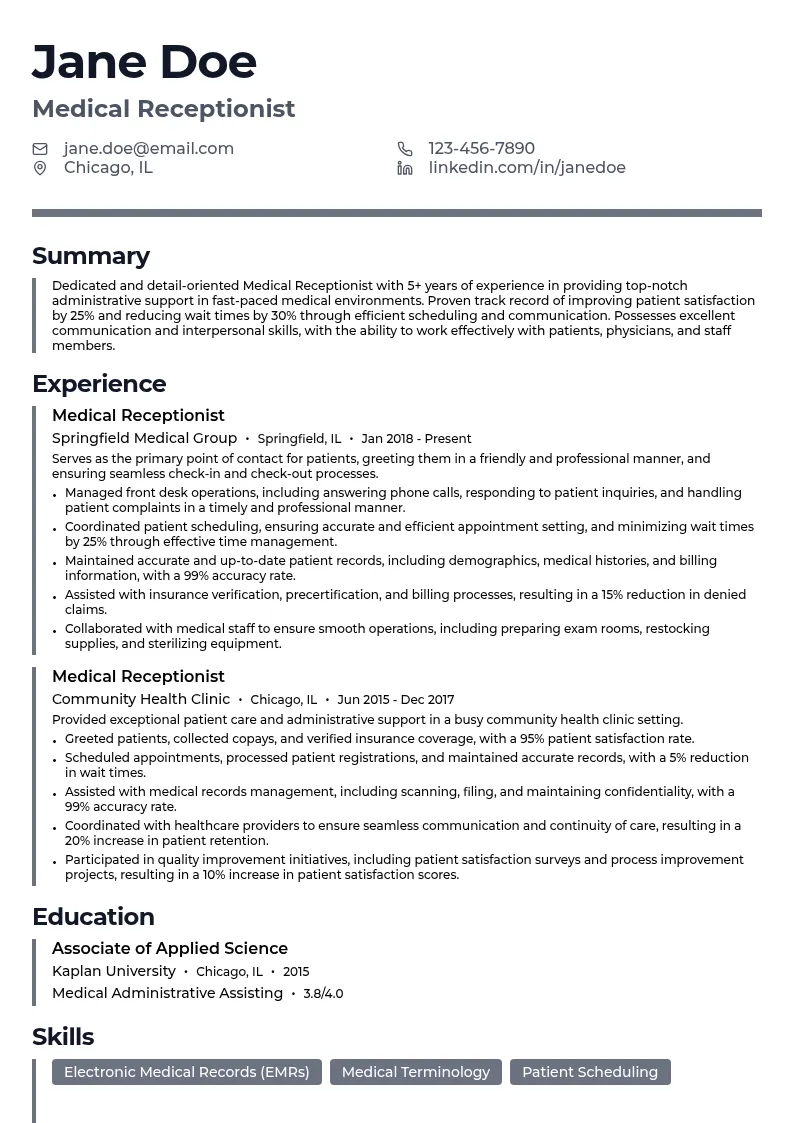 Medical Receptionist (Mid-Level) resume example