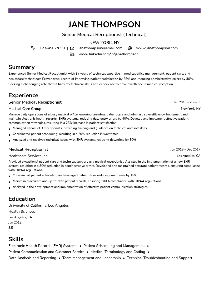 Senior Medical Receptionist (Technical) resume example