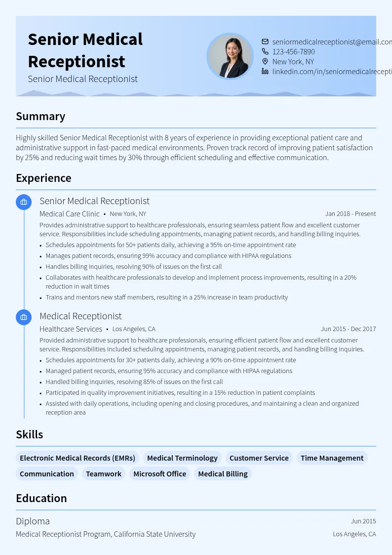 Senior Medical Receptionist (Administrative) resume example