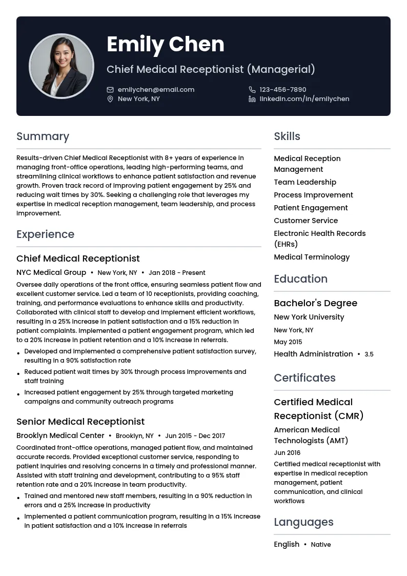 Chief Medical Receptionist (Managerial) resume example