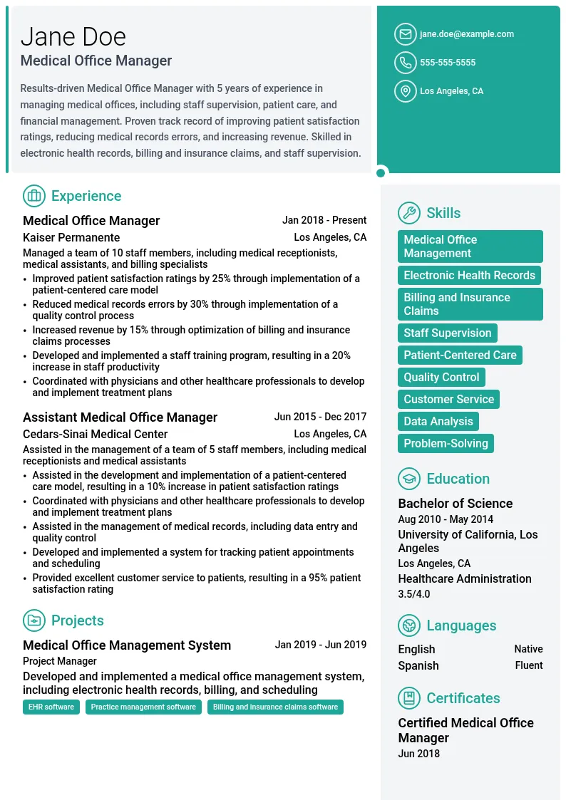 Medical Office Manager resume example