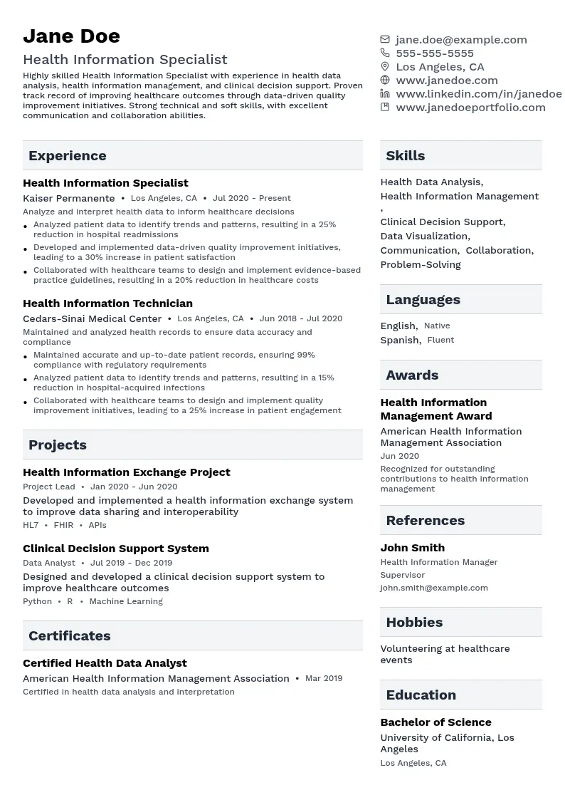 Health Information Specialist resume example