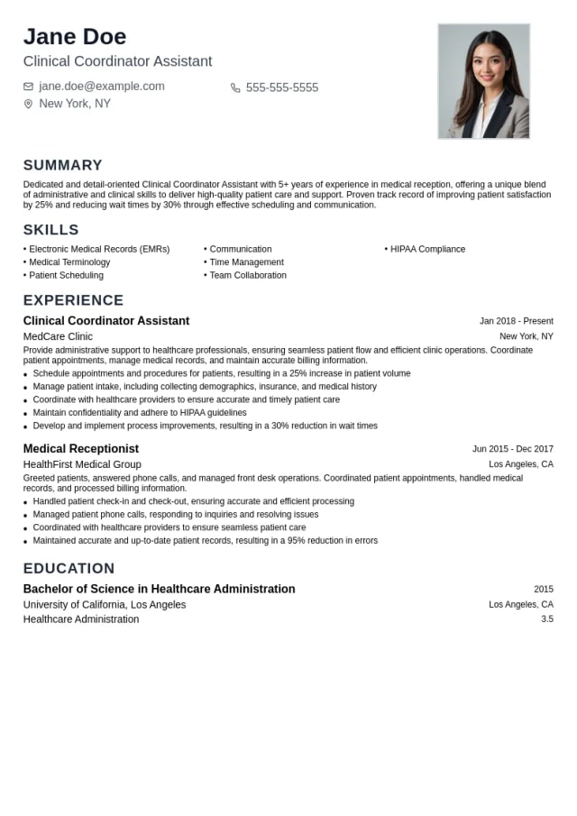 Clinical Coordinator Assistant resume example