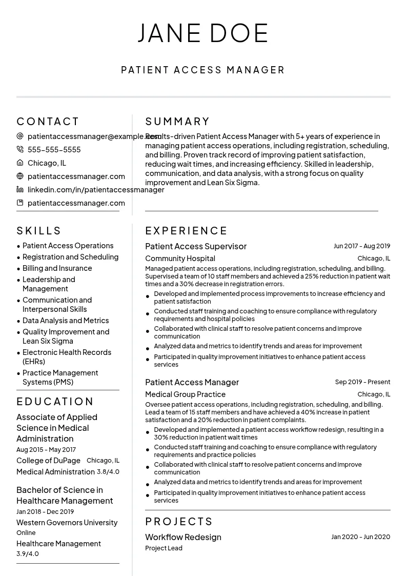 Patient Access Manager resume example