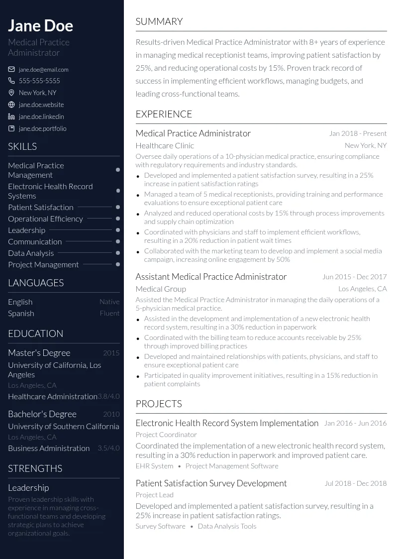 Medical Practice Administrator resume example