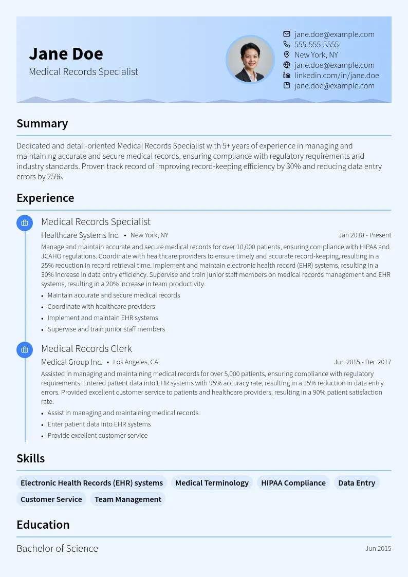 Medical Records Specialist resume example