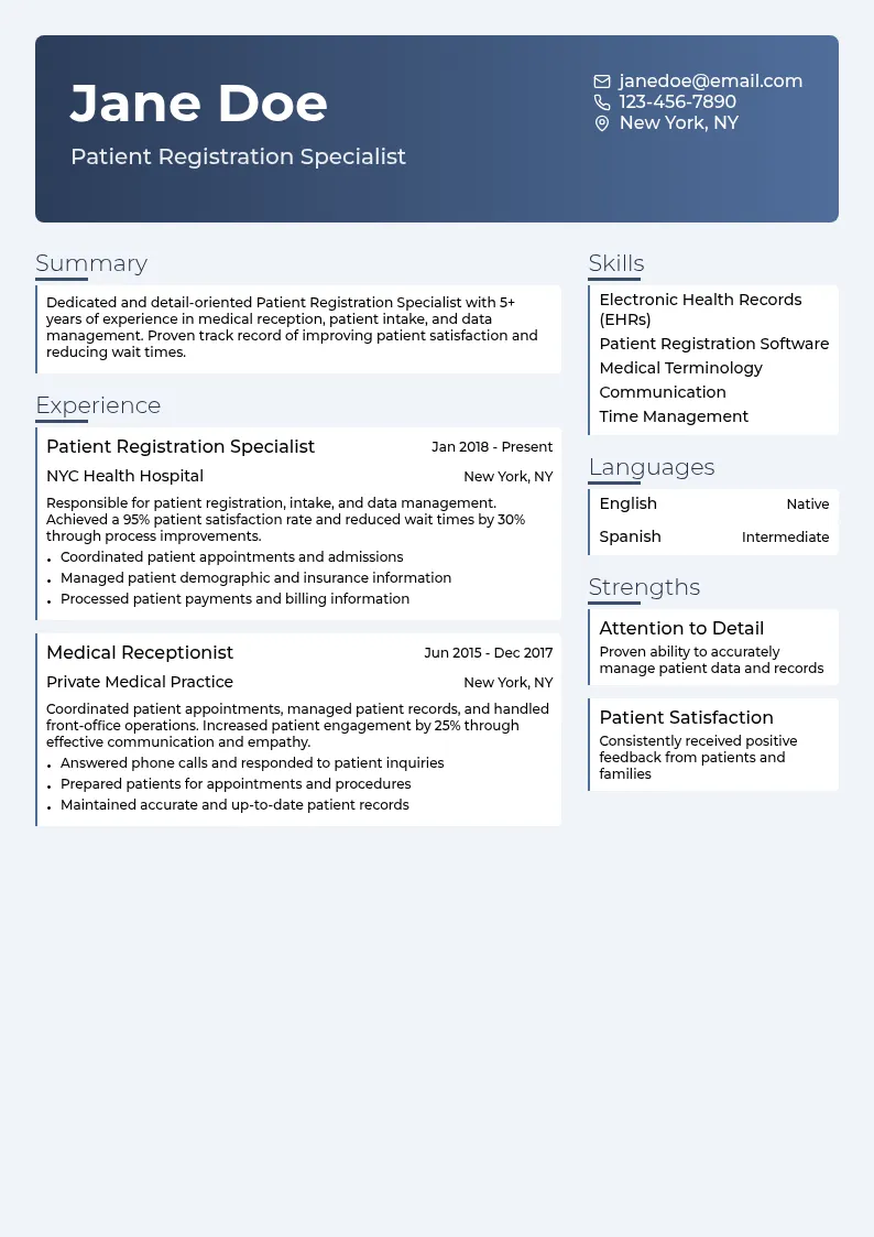 Patient Registration Specialist resume example