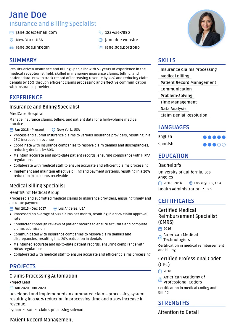 Insurance and Billing Specialist resume example