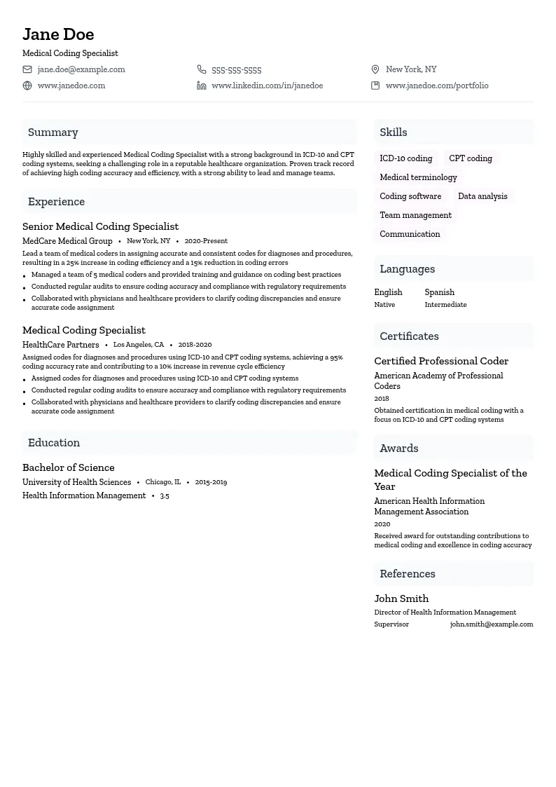 Medical Coding Specialist resume example