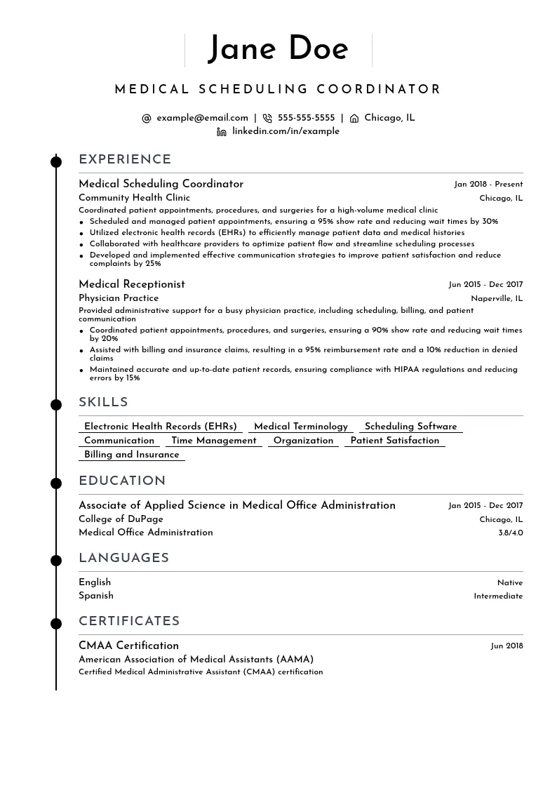 Medical Scheduling Coordinator resume example
