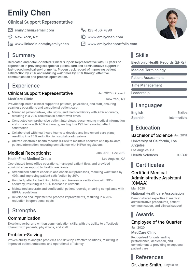 Clinical Support Representative resume example
