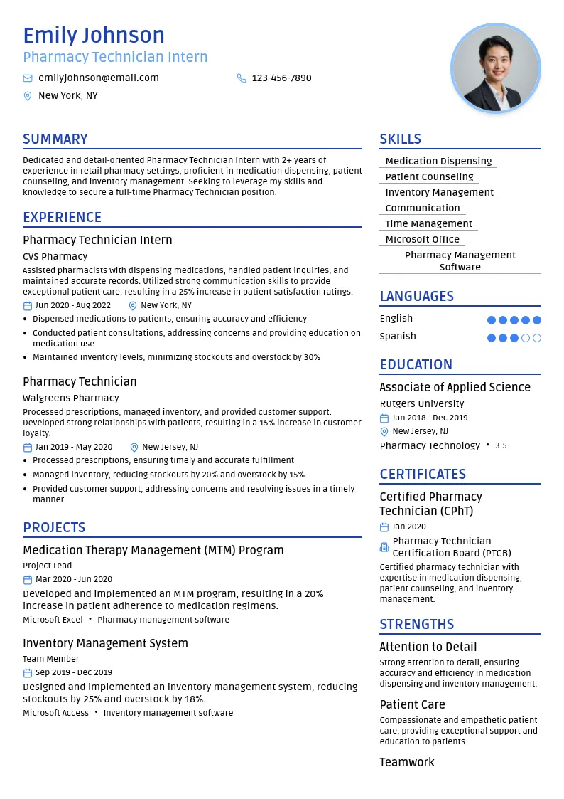 Pharmacy Technician Intern resume example