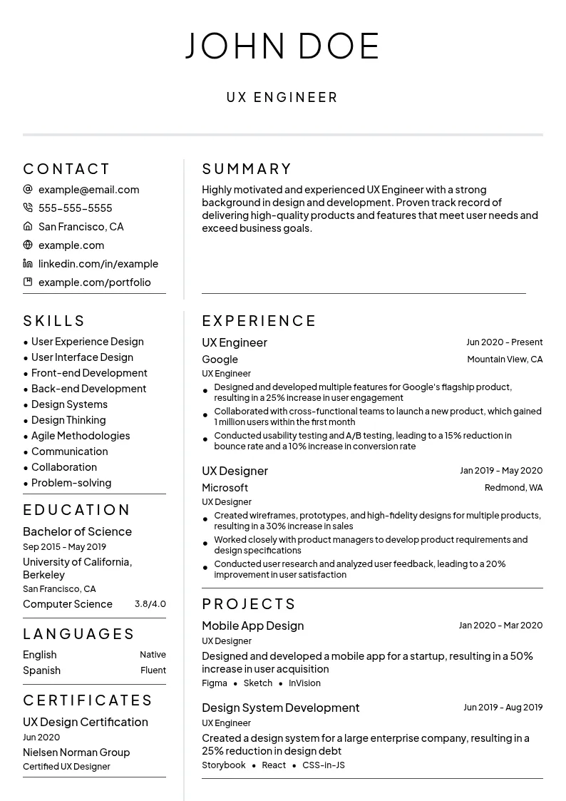 UX Engineer resume example