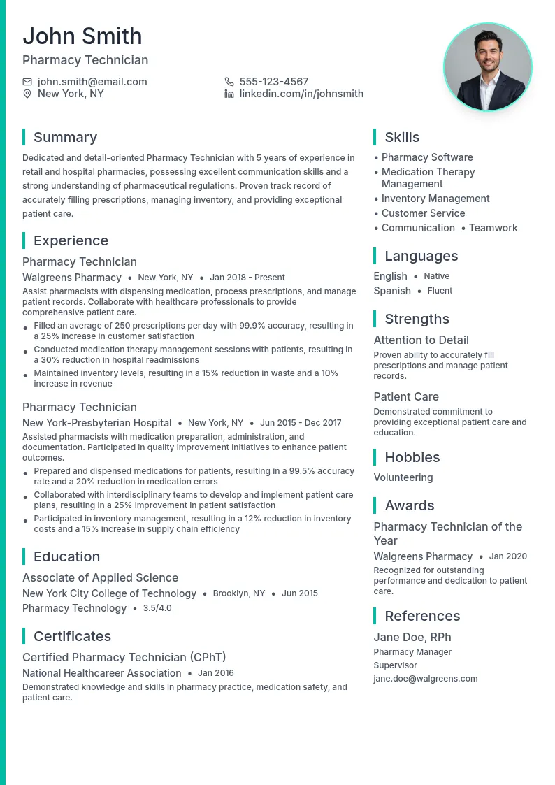 Pharmacy Technician resume example