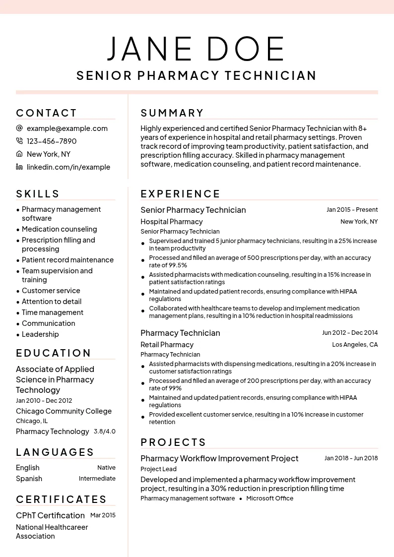 Senior Pharmacy Technician resume example