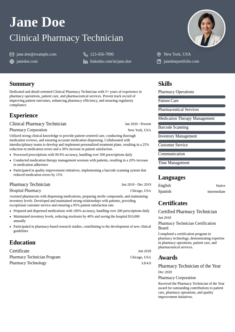 Clinical Pharmacy Technician resume example
