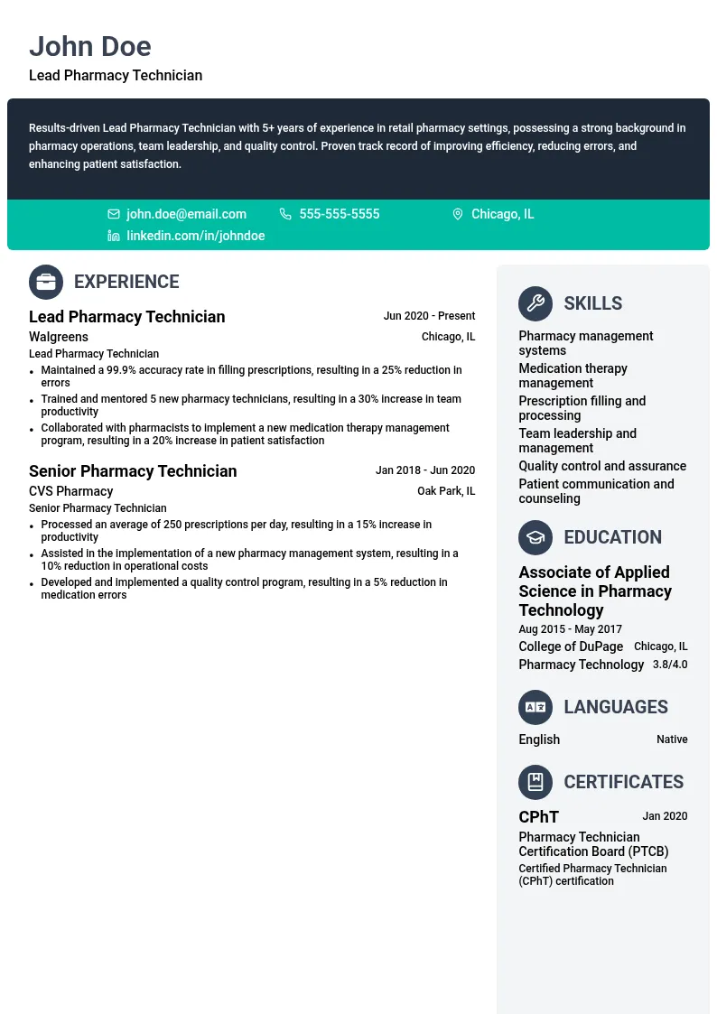 Lead Pharmacy Technician resume example