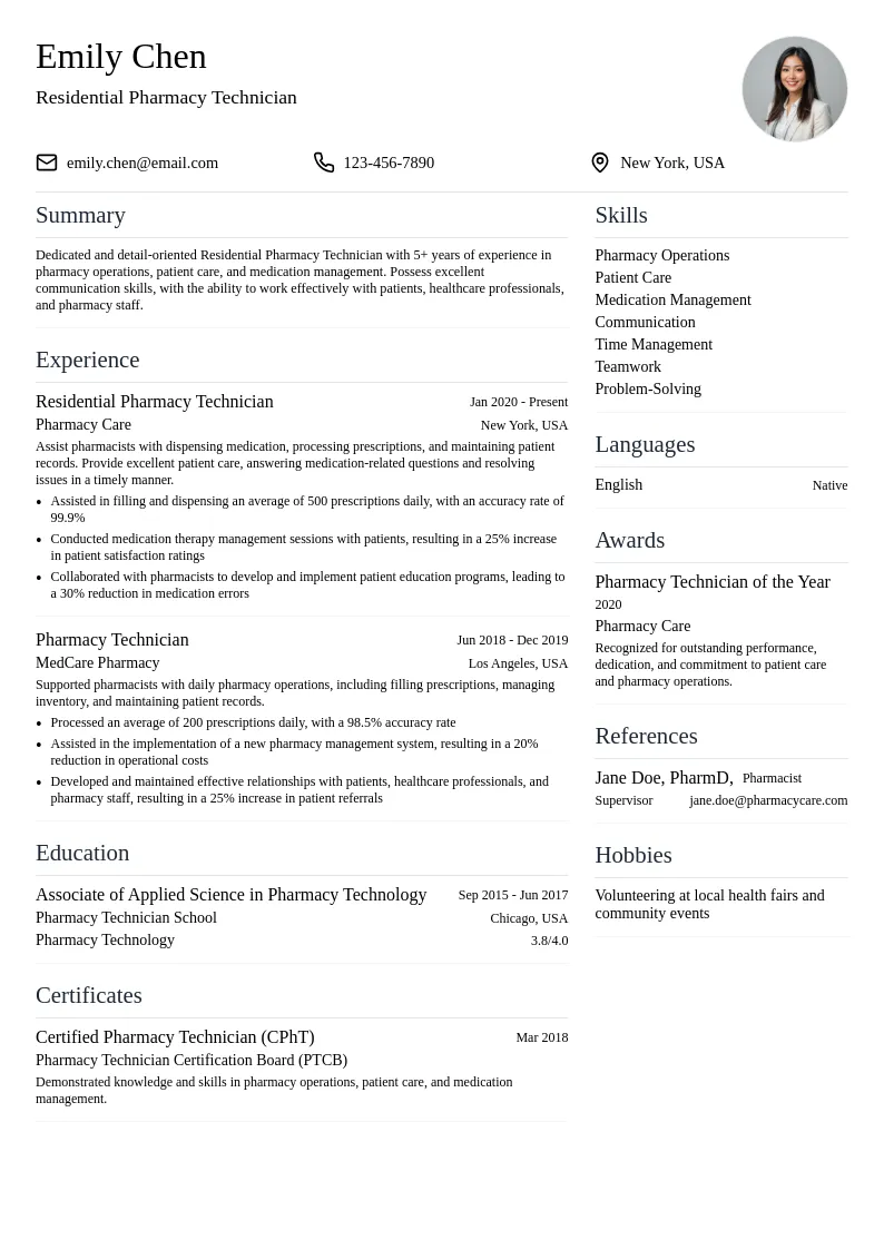 Residential Pharmacy Technician resume example