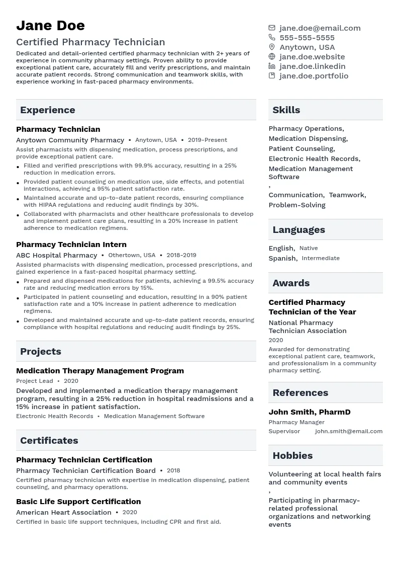 Community Pharmacy Technician resume example