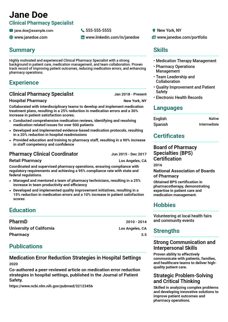 Clinical Pharmacy Specialist resume example