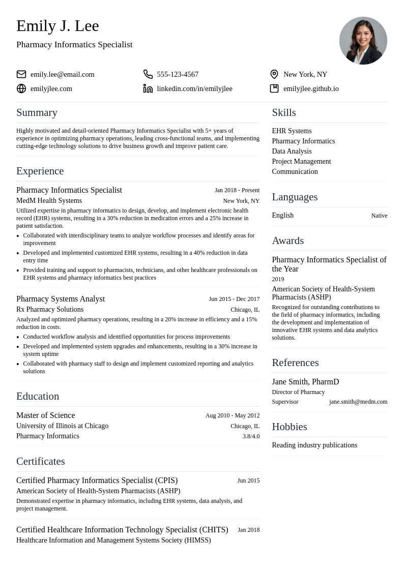 Pharmacy Informatics Specialist resume example