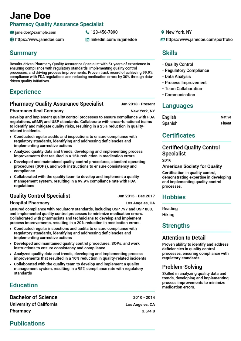 Pharmacy Quality Assurance Specialist resume example