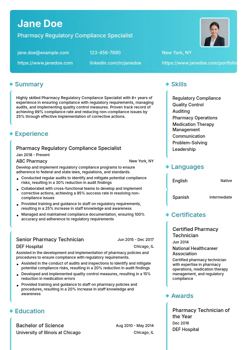 Pharmacy Regulatory Compliance Specialist resume example