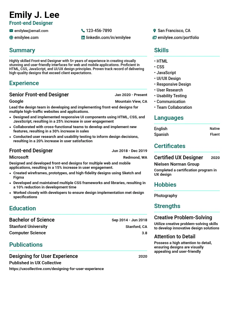 Front-end Designer resume example