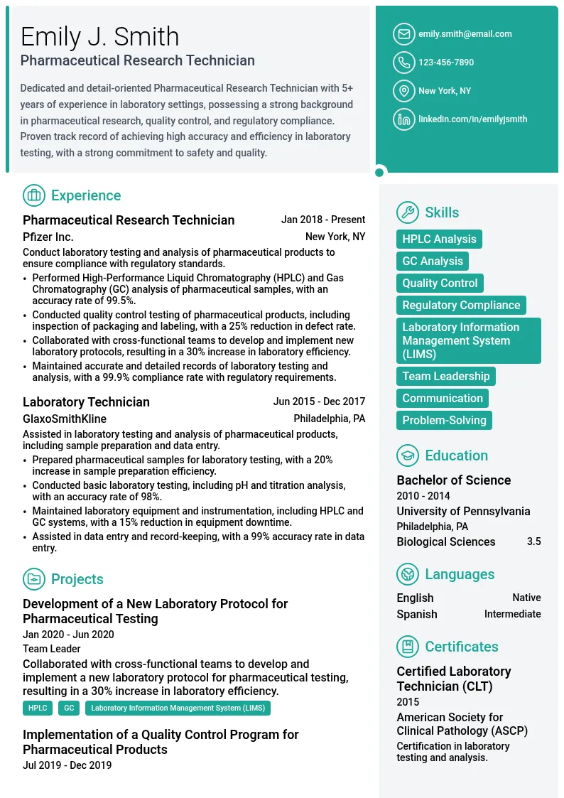 Pharmaceutical Research Technician resume example