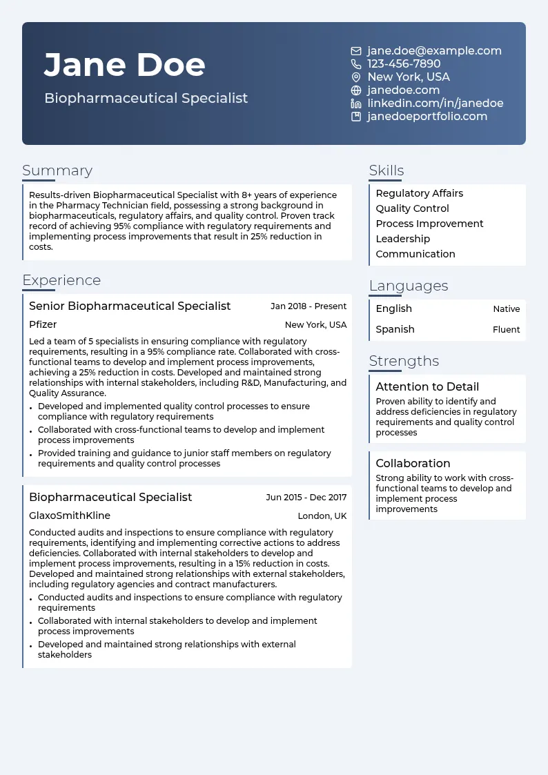 Biopharmaceutical Specialist resume example