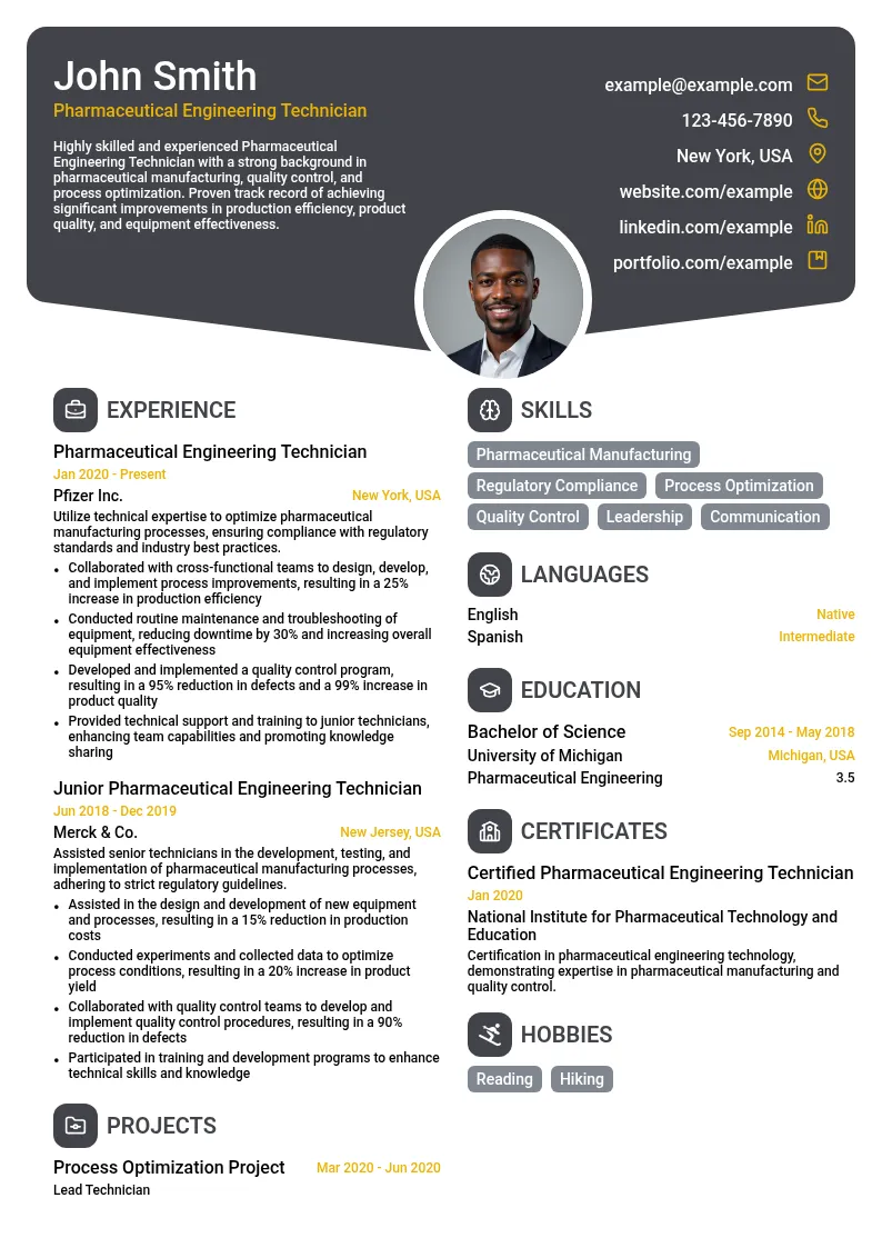 Pharmaceutical Engineering Technician resume example