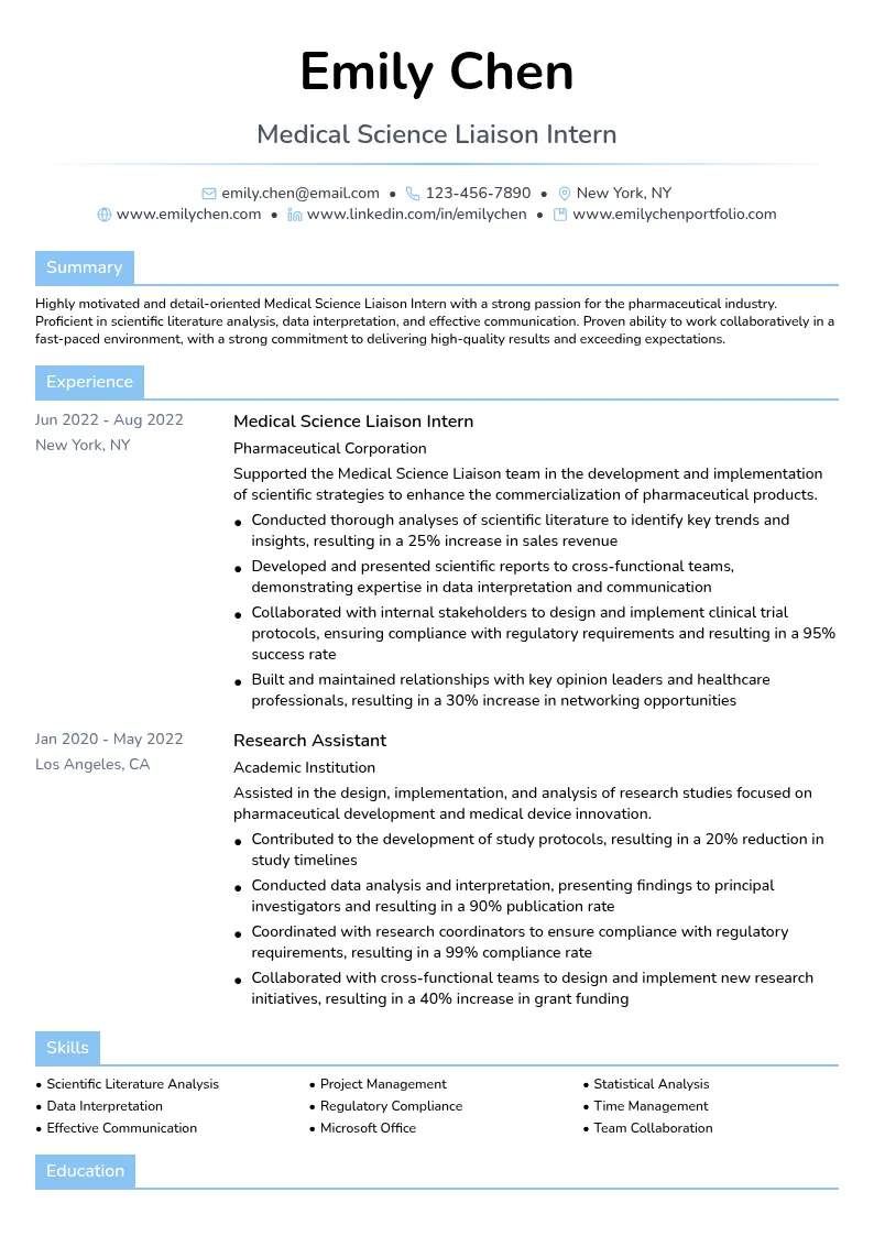 Medical Science Liaison Intern resume example