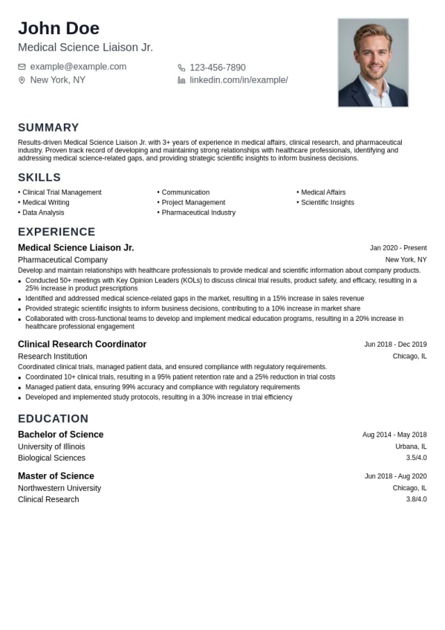 Medical Science Liaison Jr. resume example