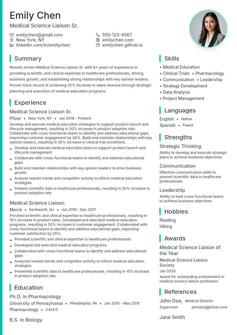 Medical Science Liaison Sr. resume example