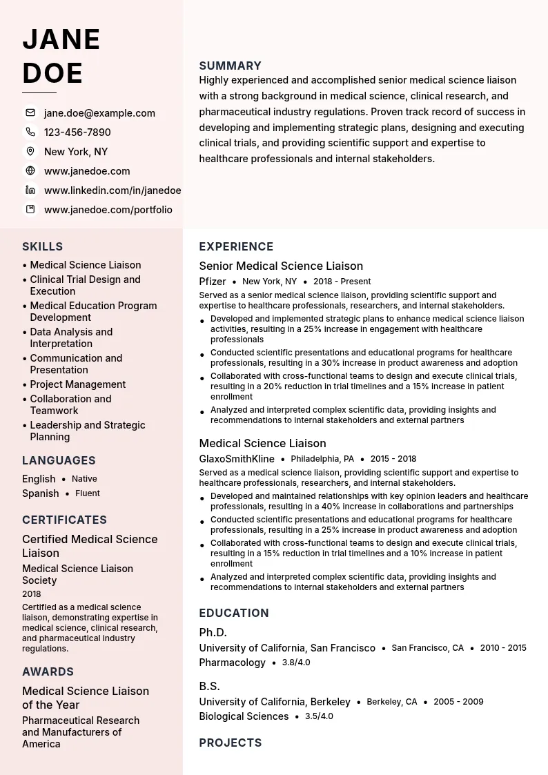 Senior Medical Science Liaison resume example