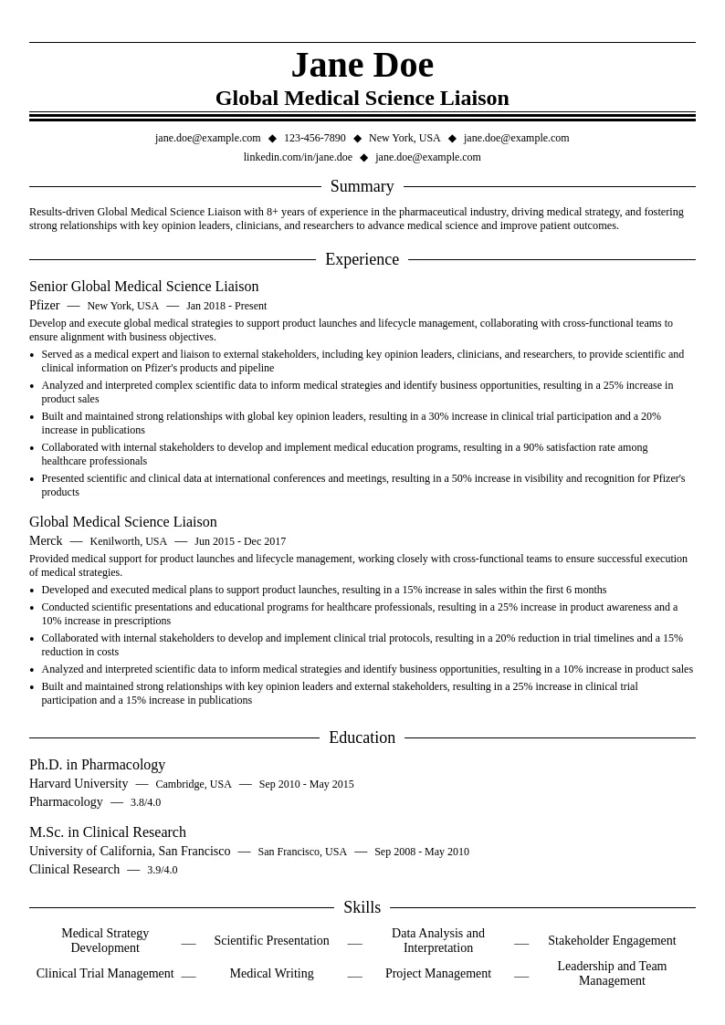 Global Medical Science Liaison resume example