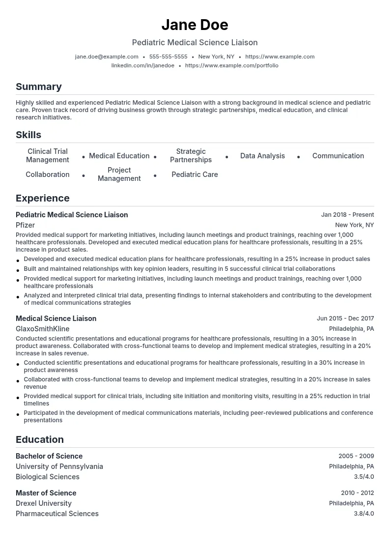 Pediatric Medical Science Liaison resume example