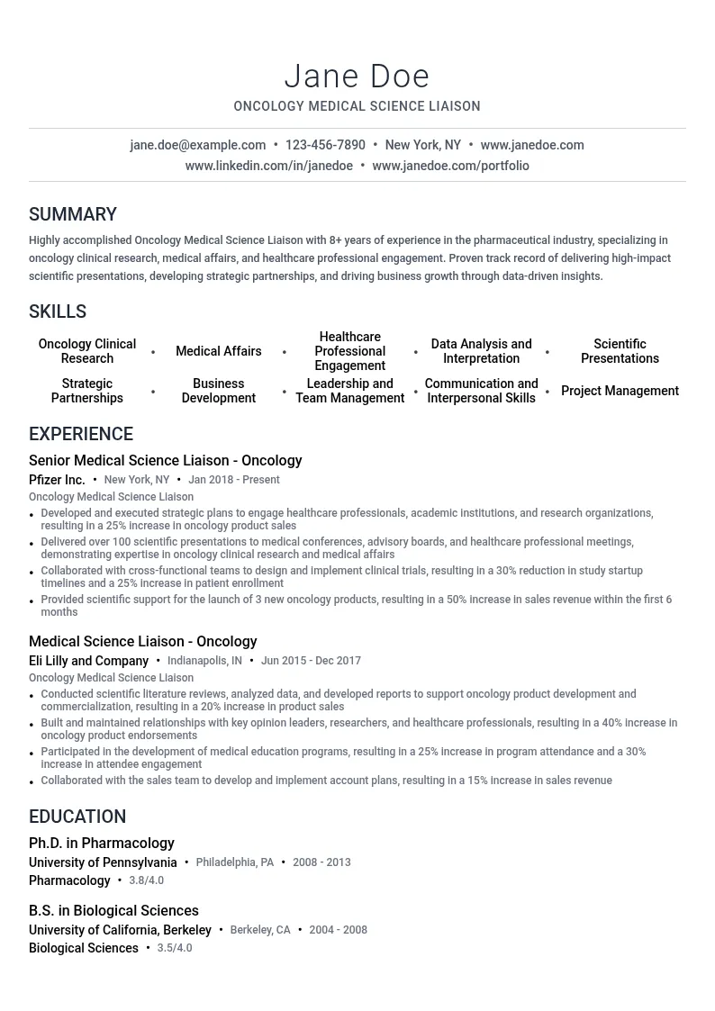  Oncology Medical Science Liaison resume example