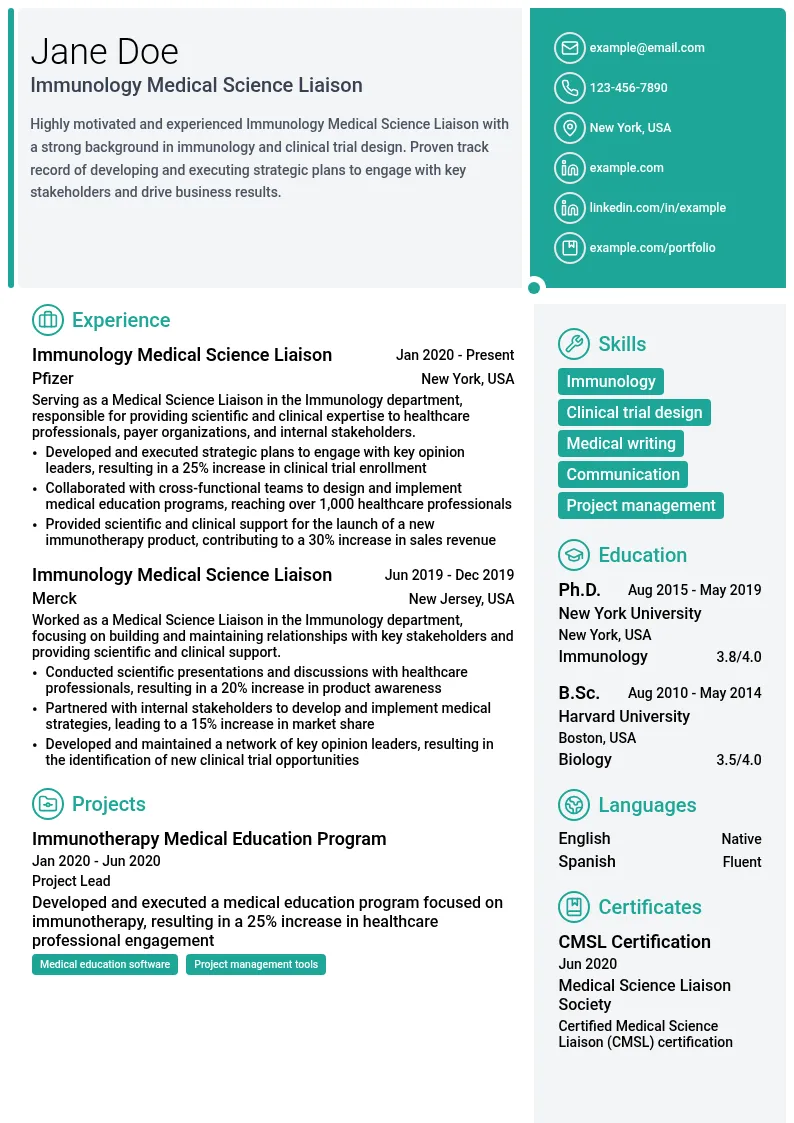 Immunology Medical Science Liaison resume example