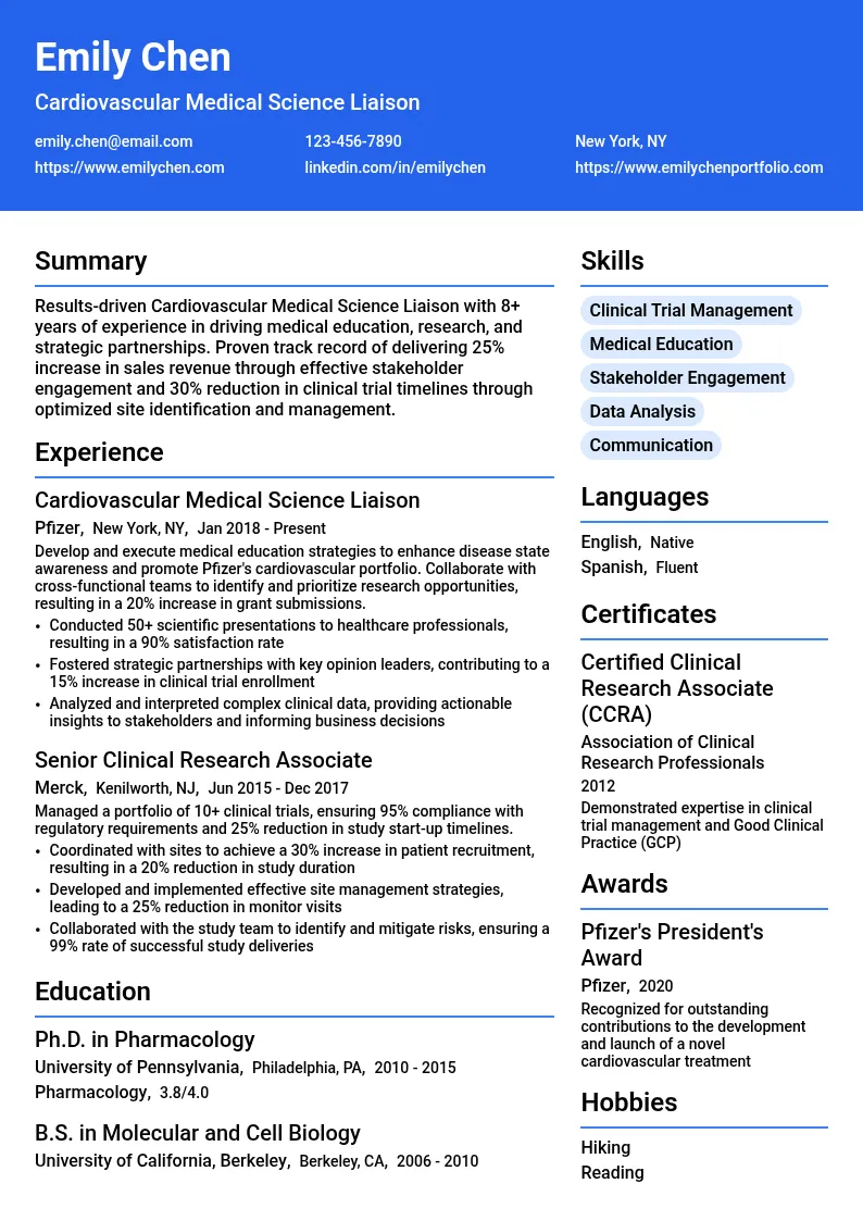 Cardiovascular Medical Science Liaison resume example