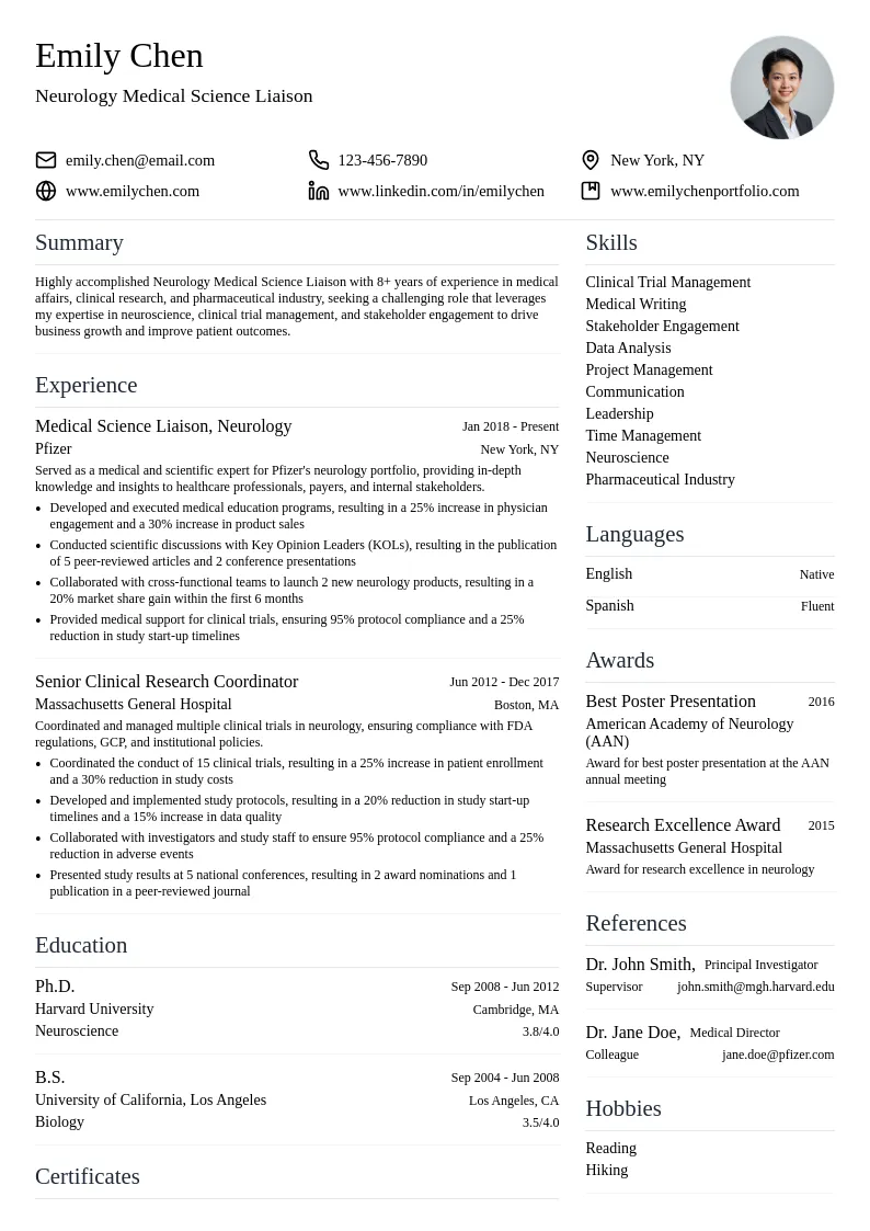 Neurology Medical Science Liaison resume example