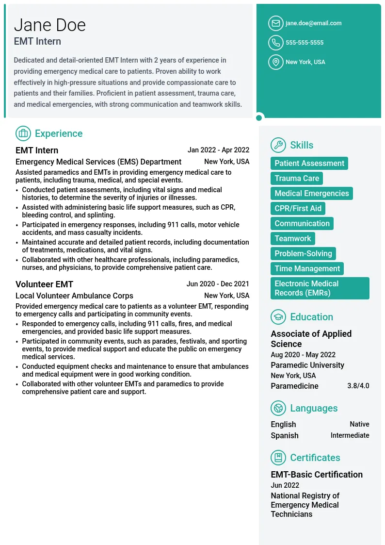 Emergency Medical Technician (EMT) Intern resume example